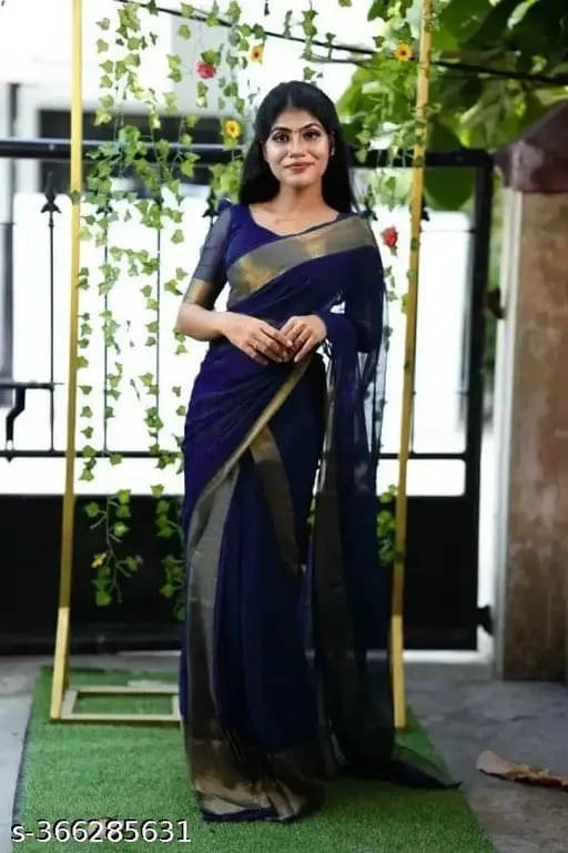     			VRAGI Chiffon Solid Regular Saree With Unstitched Blouse Piece ( Navy Blue )