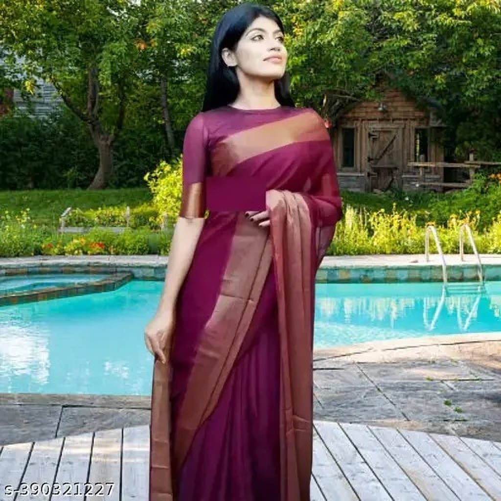 VRAGI Chiffon Solid Regular Saree With Unstitched Blouse Piece ( Purple ) VRAGI Chiffon Solid Regular Saree With Unstitched Blouse Piece ( Purple )