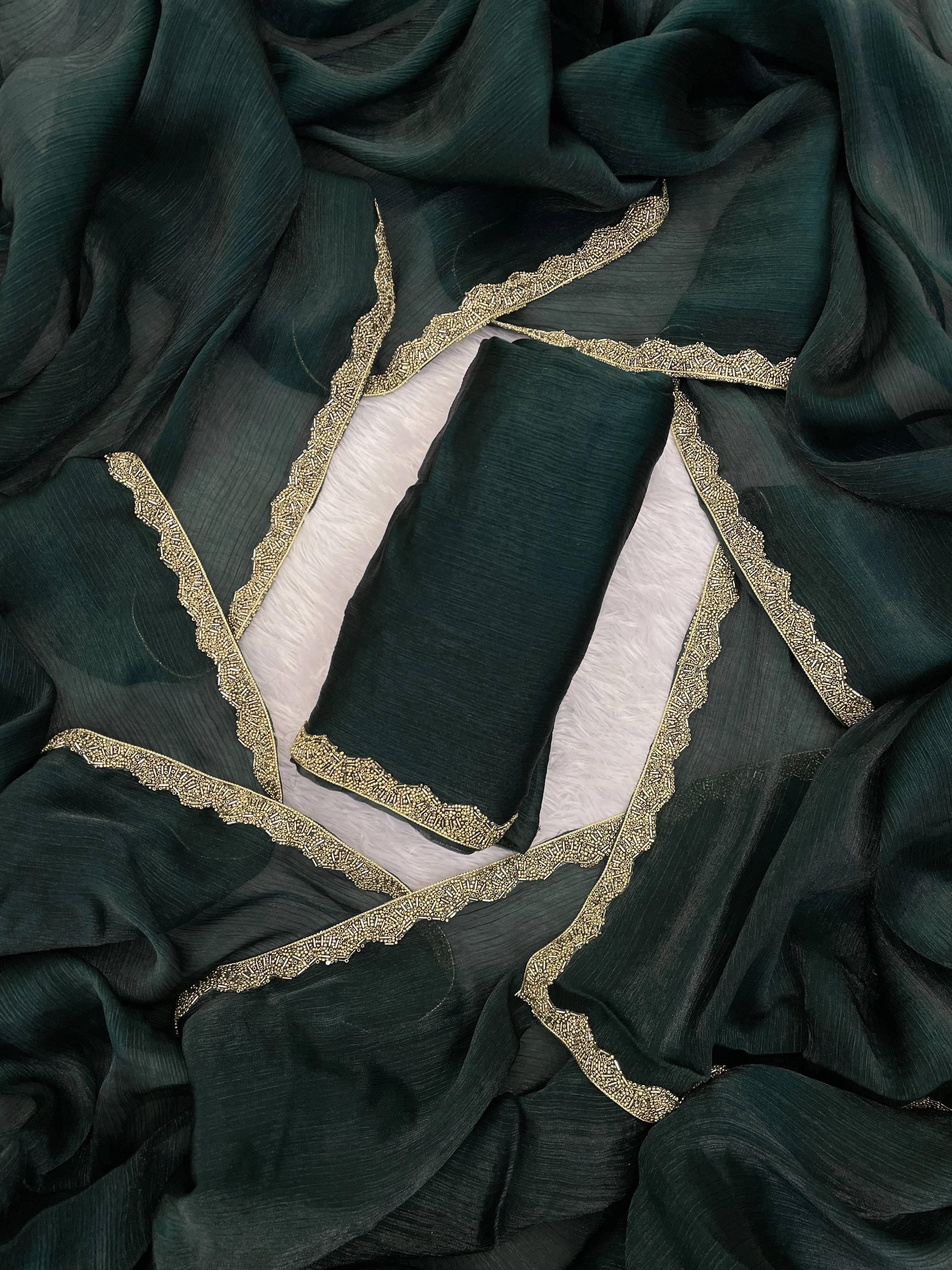 VRAGI Chiffon Solid Regular Saree With Unstitched Blouse Piece ( Green ) VRAGI Chiffon Solid Regular Saree With Unstitched Blouse Piece ( Green )