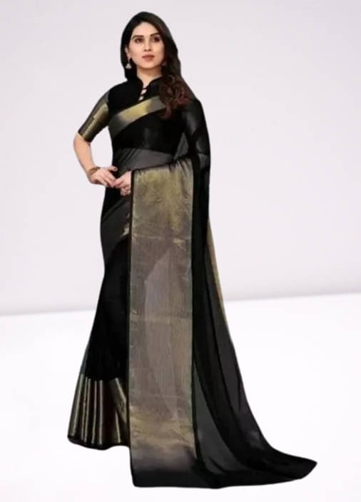     			VRAGI Chiffon Solid Regular Saree With Unstitched Blouse Piece ( Black )