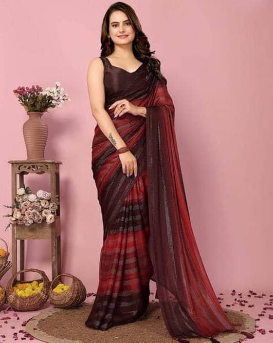 VRAGI Chiffon Striped Regular Saree With Unstitched Blouse Piece ( Maroon ) VRAGI Chiffon Striped Regular Saree With Unstitched Blouse Piece ( Maroon )