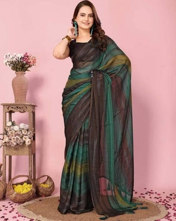     			VRAGI Chiffon Striped Regular Saree With Unstitched Blouse Piece ( Green )
