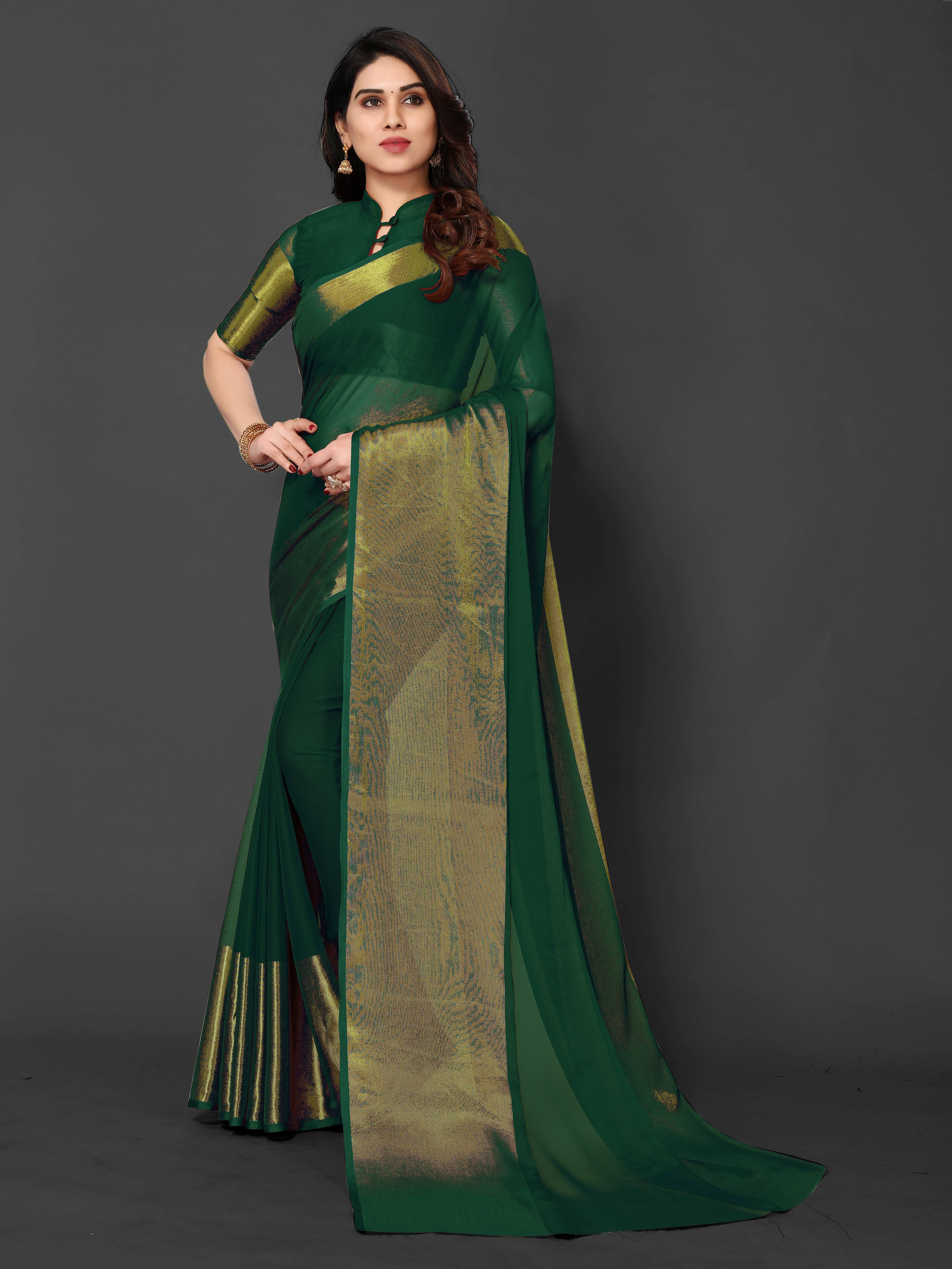 VRAGI Chiffon Woven Banarasi saree With Stitched Blouse ( Green ) VRAGI Chiffon Woven Banarasi saree With Stitched Blouse ( Green )