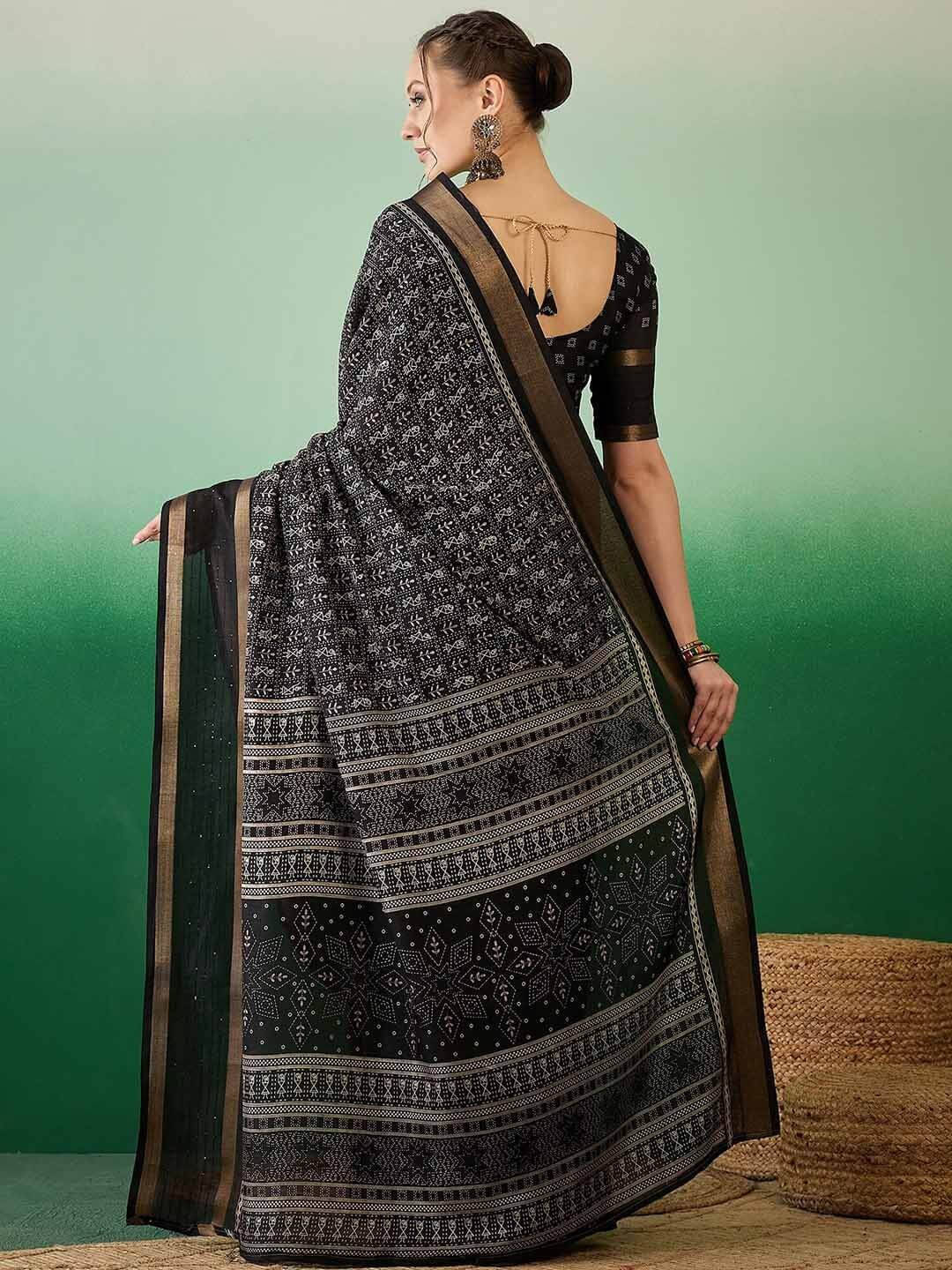     			VRAGI Cotton Silk Printed Regular Saree With Unstitched Blouse Piece ( Black )