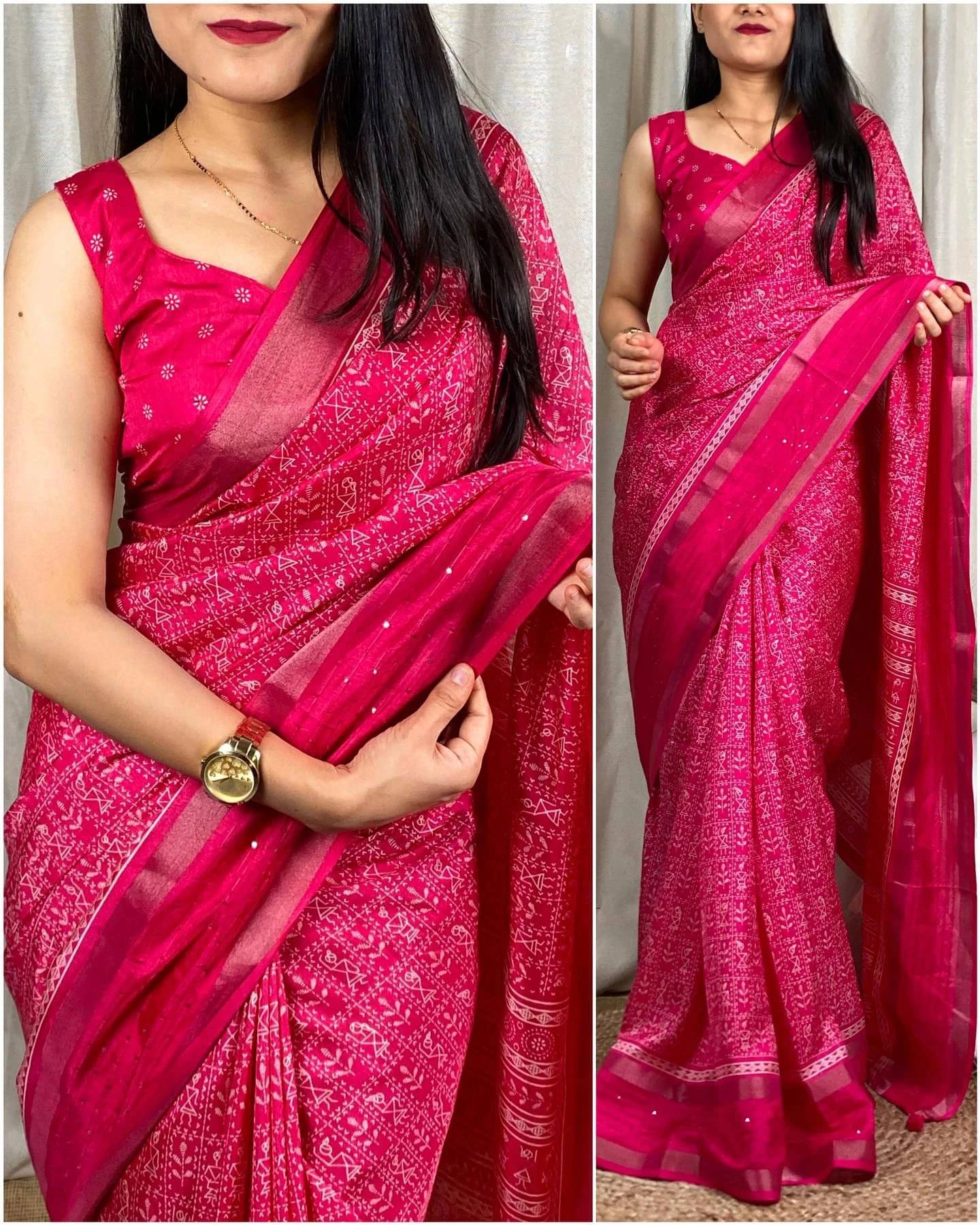     			VRAGI Cotton Silk Printed Regular Saree With Unstitched Blouse Piece ( Pink )