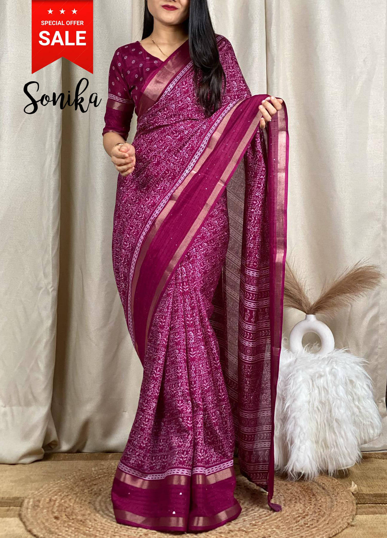 VRAGI Cotton Silk Printed Regular Saree With Unstitched Blouse Piece ( Purple )     			VRAGI Cotton Silk Printed Regular Saree With Unstitched Blouse Piece ( Purple )
