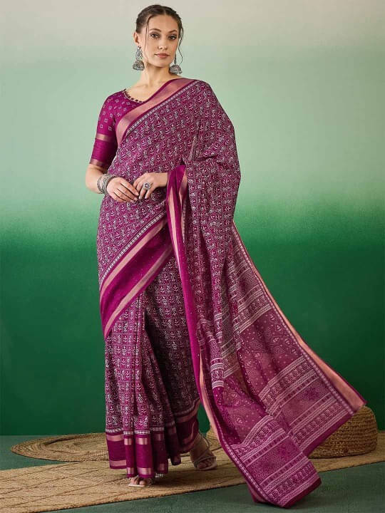     			VRAGI Cotton Silk Printed Regular Saree With Unstitched Blouse Piece ( Purple )