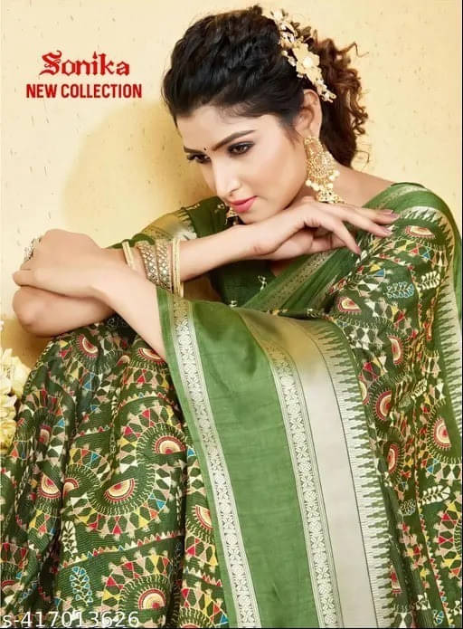 VRAGI Cotton Silk Printed Regular Saree With Unstitched Blouse Piece ( Green ) VRAGI Cotton Silk Printed Regular Saree With Unstitched Blouse Piece ( Green )