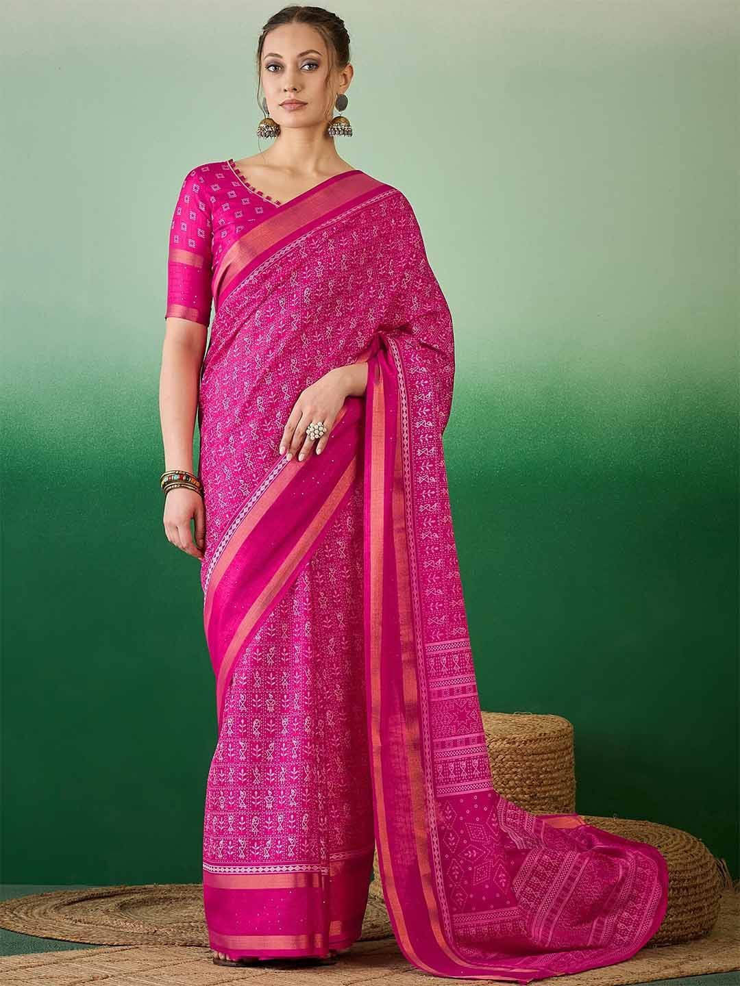 VRAGI Cotton Silk Printed Regular Saree With Unstitched Blouse Piece ( Pink )     			VRAGI Cotton Silk Printed Regular Saree With Unstitched Blouse Piece ( Pink )