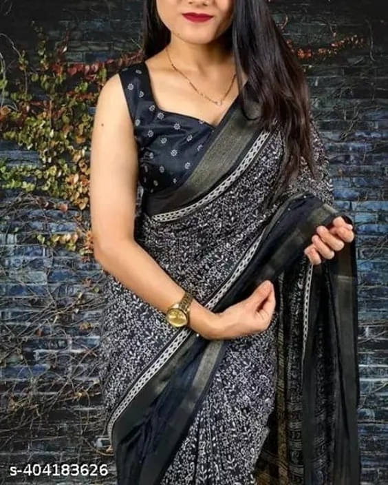 VRAGI Cotton Silk Printed Regular Saree With Unstitched Blouse Piece ( Black ) VRAGI Cotton Silk Printed Regular Saree With Unstitched Blouse Piece ( Black )