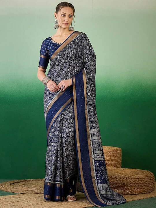     			VRAGI Cotton Silk Printed Regular Saree With Unstitched Blouse Piece ( Navy Blue )