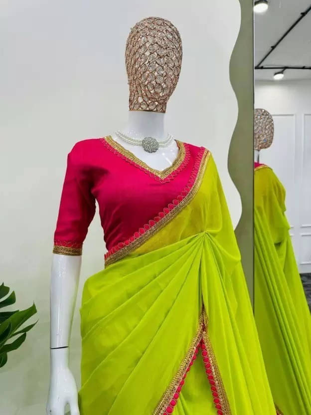     			VRAGI Georgette Embroidered Leheriya Saree With Unstitched Blouse Piece ( Green )