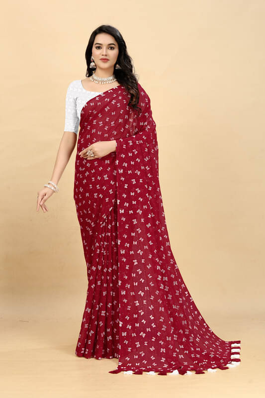     			VRAGI Georgette Printed Regular Saree With Unstitched Blouse Piece ( Maroon )