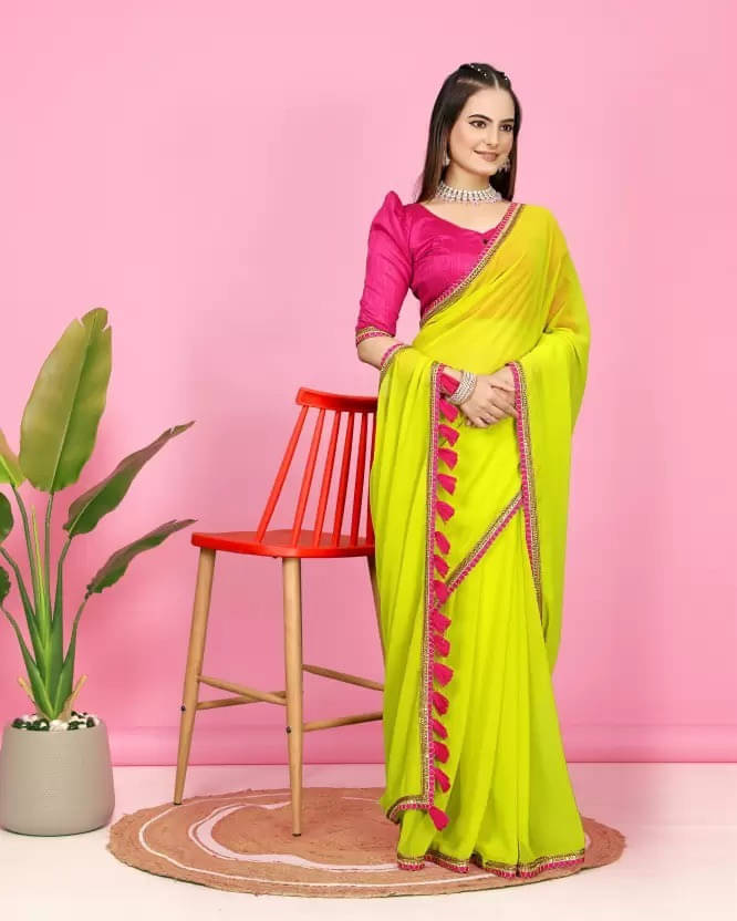 VRAGI Georgette Solid Regular Saree With Unstitched Blouse Piece ( Light Green ) VRAGI Georgette Solid Regular Saree With Unstitched Blouse Piece ( Light Green )