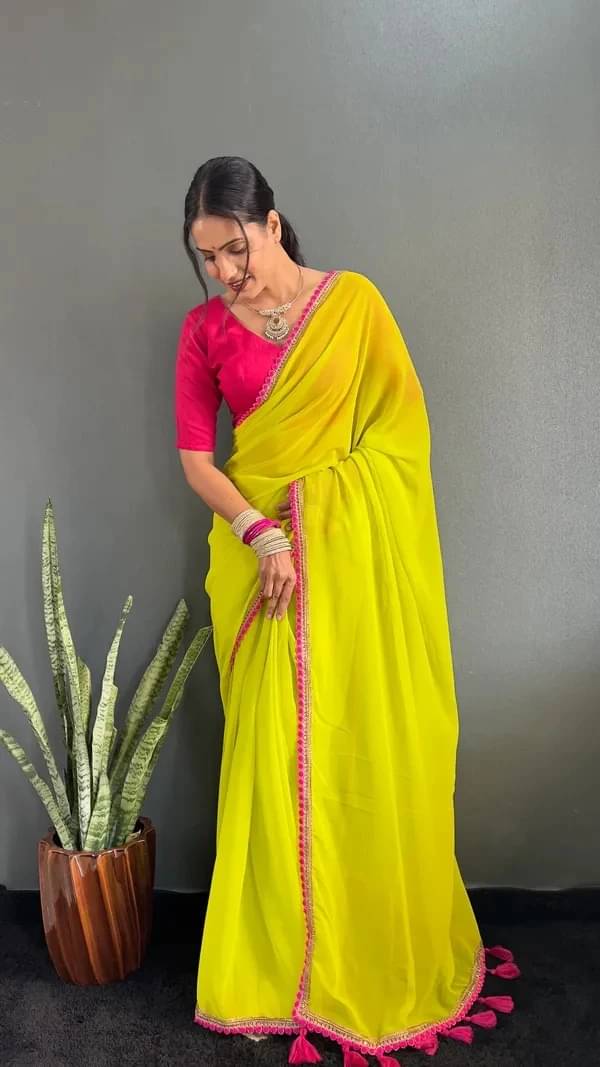 VRAGI Georgette Solid Regular Saree With Unstitched Blouse Piece ( Light Green ) VRAGI Georgette Solid Regular Saree With Unstitched Blouse Piece ( Light Green )