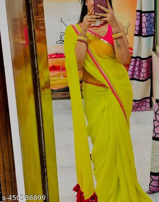 VRAGI Georgette Solid Regular Saree With Unstitched Blouse Piece ( Light Green ) VRAGI Georgette Solid Regular Saree With Unstitched Blouse Piece ( Light Green )
