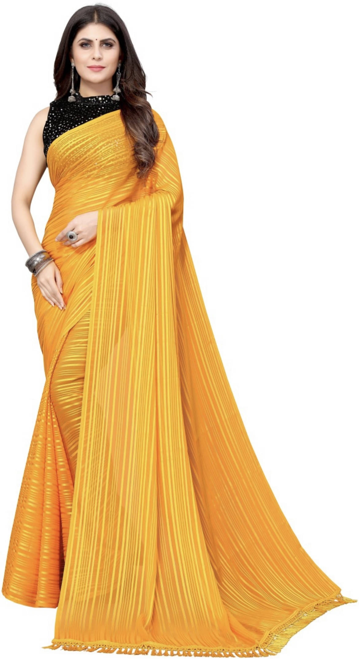     			VRAGI Georgette Striped Regular Saree With Unstitched Blouse Piece ( Yellow )