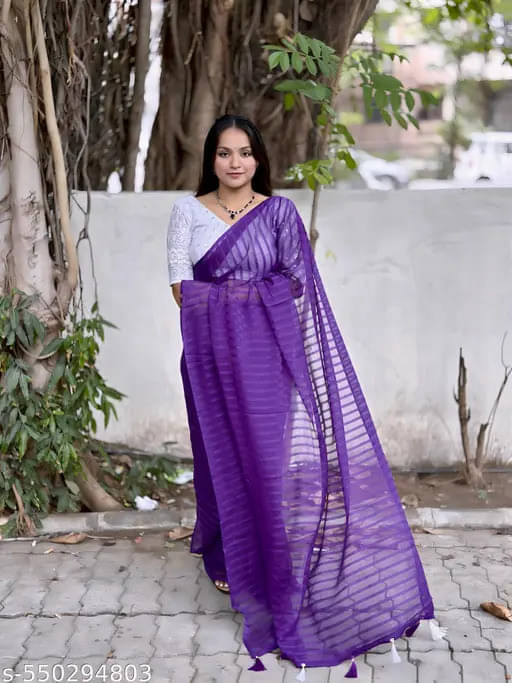     			VRAGI Georgette Striped Regular Saree With Unstitched Blouse Piece ( Purple )