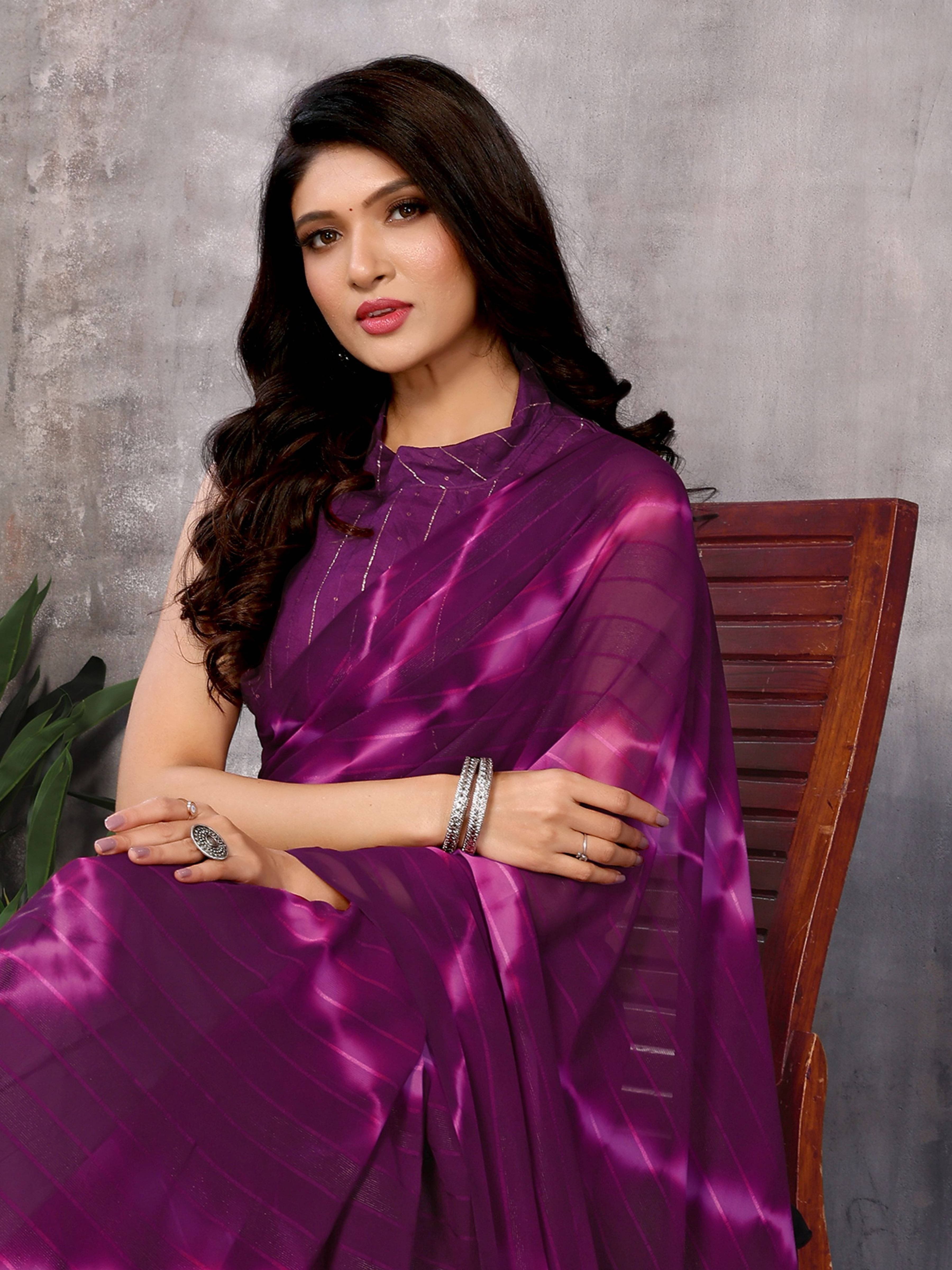 VRAGI Georgette Striped Regular Saree With Unstitched Blouse Piece ( Purple ) VRAGI Georgette Striped Regular Saree With Unstitched Blouse Piece ( Purple )