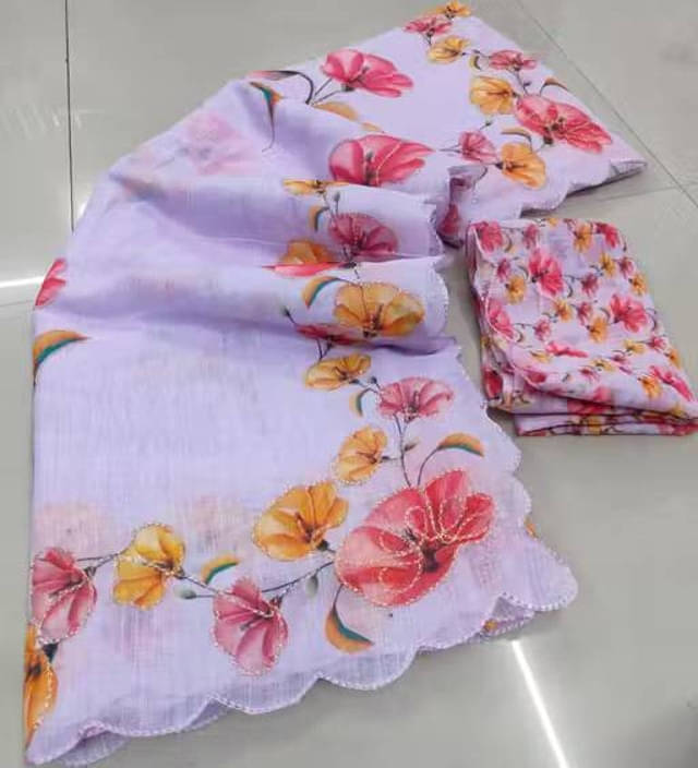     			VRAGI Linen Printed Regular Saree With Unstitched Blouse Piece ( Purple )