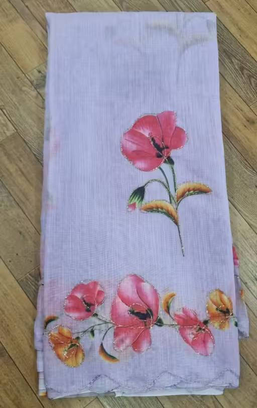     			VRAGI Linen Printed Regular Saree With Unstitched Blouse Piece ( Purple )