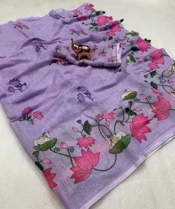 VRAGI Linen Printed Regular Saree With Unstitched Blouse Piece ( Purple ) VRAGI Linen Printed Regular Saree With Unstitched Blouse Piece ( Purple )