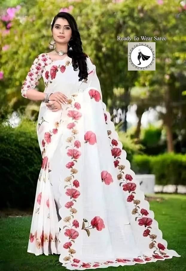 VRAGI Linen Printed Regular Saree With Unstitched Blouse Piece ( White ) VRAGI Linen Printed Regular Saree With Unstitched Blouse Piece ( White )