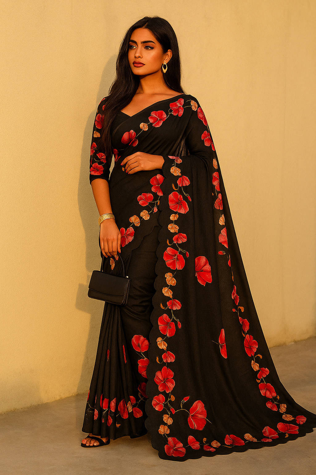     			VRAGI Linen Printed Regular Saree With Unstitched Blouse Piece ( Black )