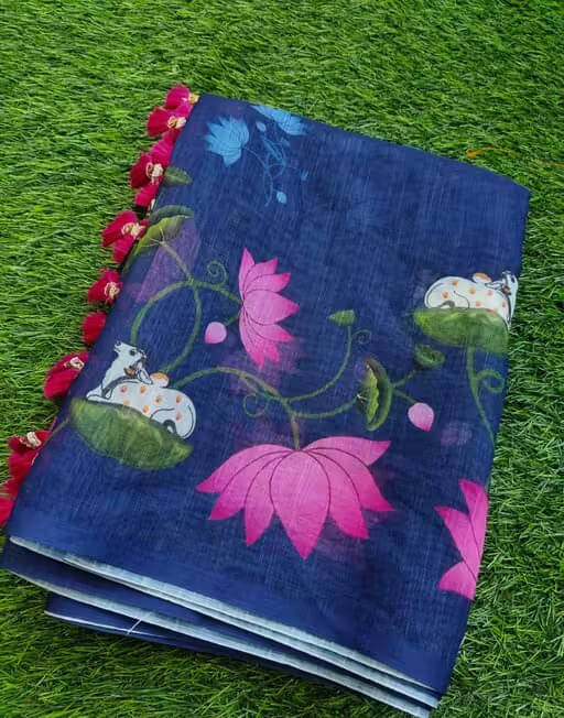     			VRAGI Linen Printed Regular Saree With Unstitched Blouse Piece ( Blue )
