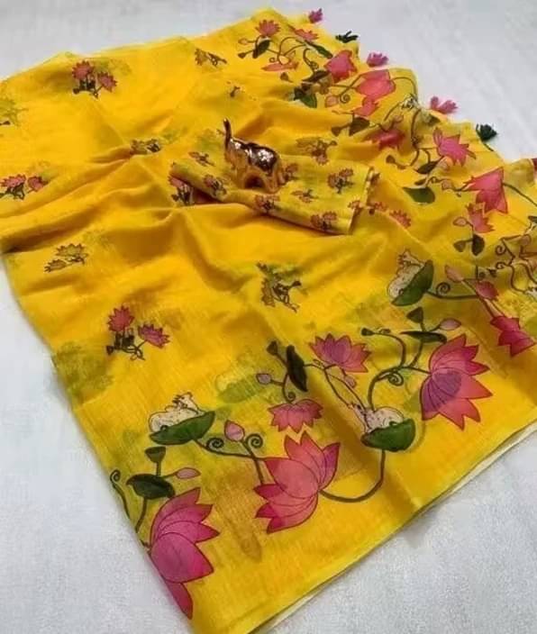 VRAGI Linen Printed Regular Saree With Unstitched Blouse Piece ( Mustard ) VRAGI Linen Printed Regular Saree With Unstitched Blouse Piece ( Mustard )