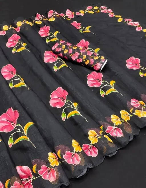     			VRAGI Linen Printed Regular Saree With Unstitched Blouse Piece ( Black )
