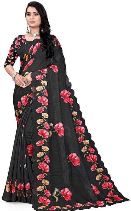VRAGI Linen Printed Regular Saree With Unstitched Blouse Piece ( Black ) VRAGI Linen Printed Regular Saree With Unstitched Blouse Piece ( Black )