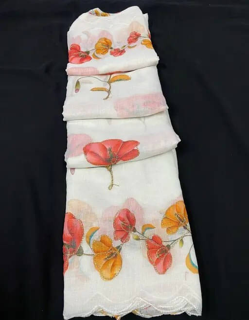 VRAGI Linen Printed Regular Saree With Unstitched Blouse Piece ( White ) VRAGI Linen Printed Regular Saree With Unstitched Blouse Piece ( White )
