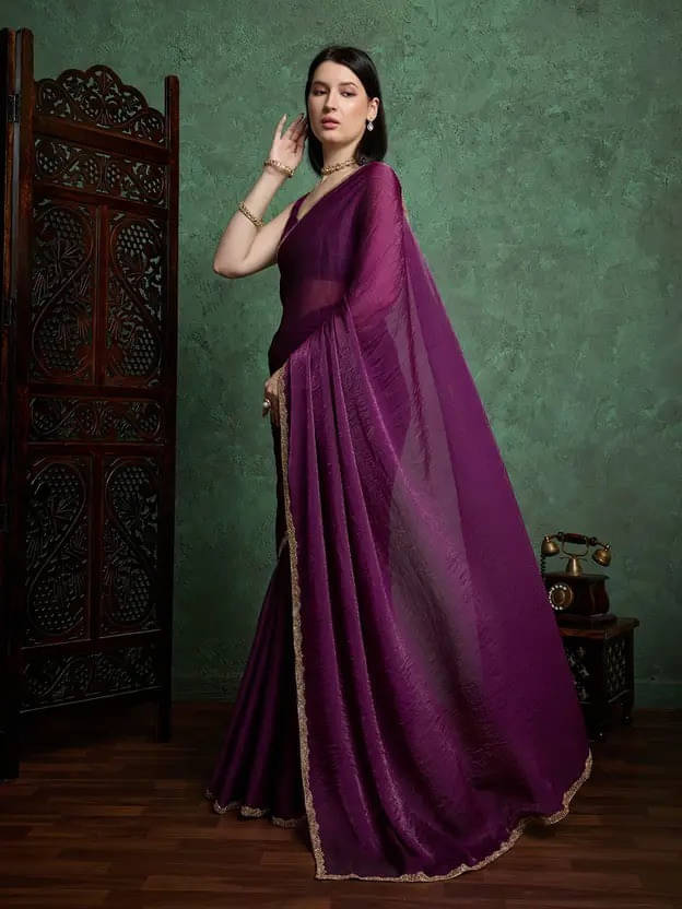     			VRAGI Linen Self Design Regular Saree With Unstitched Blouse Piece ( Purple )