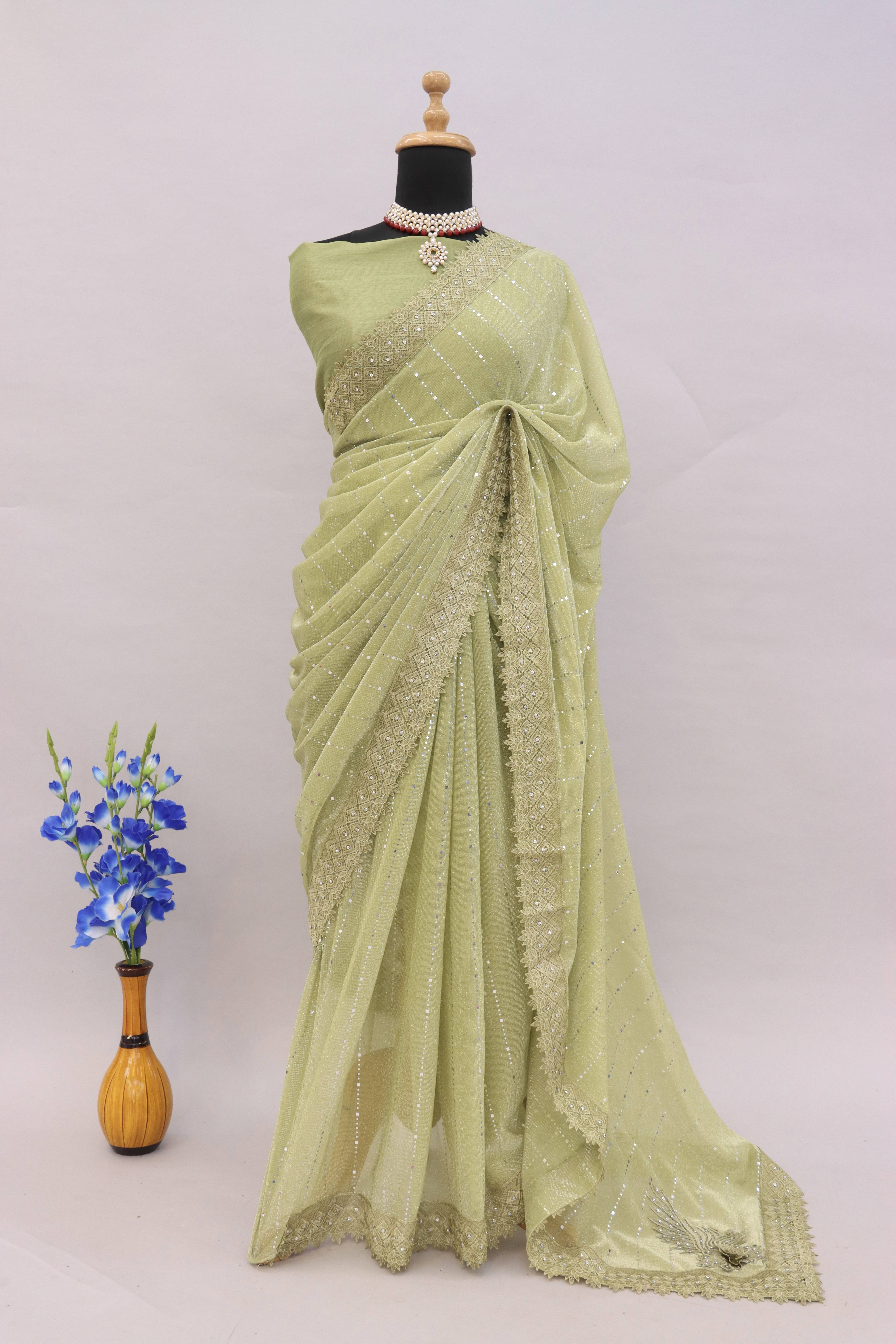VRAGI Lycra Applique Regular Saree With Unstitched Blouse Piece ( Green ) VRAGI Lycra Applique Regular Saree With Unstitched Blouse Piece ( Green )
