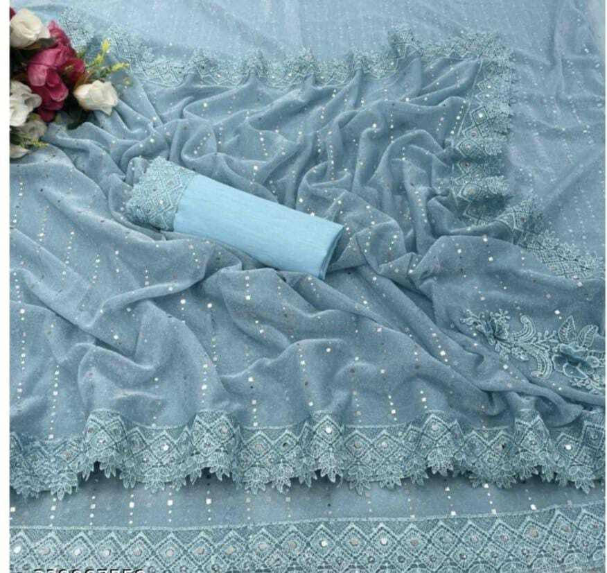     			VRAGI Lycra Applique Regular Saree With Unstitched Blouse Piece ( Light Blue )
