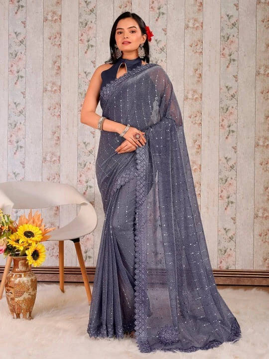 VRAGI Lycra Embellished Regular Saree With Unstitched Blouse Piece ( Grey ) VRAGI Lycra Embellished Regular Saree With Unstitched Blouse Piece ( Grey )