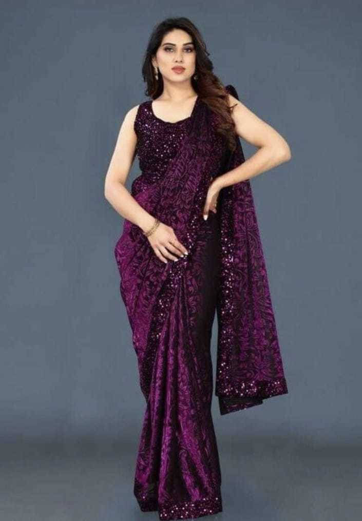     			VRAGI Lycra Embellished Regular Saree With Unstitched Blouse Piece ( Purple )