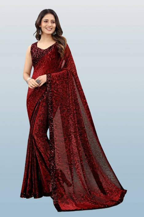 VRAGI Lycra Embellished Regular Saree With Unstitched Blouse Piece ( Maroon ) VRAGI Lycra Embellished Regular Saree With Unstitched Blouse Piece ( Maroon )