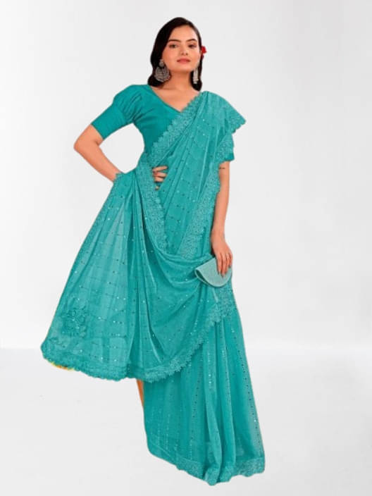 VRAGI Lycra Embellished Regular Saree With Unstitched Blouse Piece ( Blue ) VRAGI Lycra Embellished Regular Saree With Unstitched Blouse Piece ( Blue )