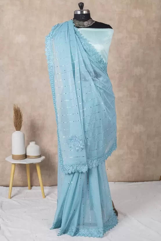     			VRAGI Lycra Embellished Regular Saree With Unstitched Blouse Piece ( Blue )