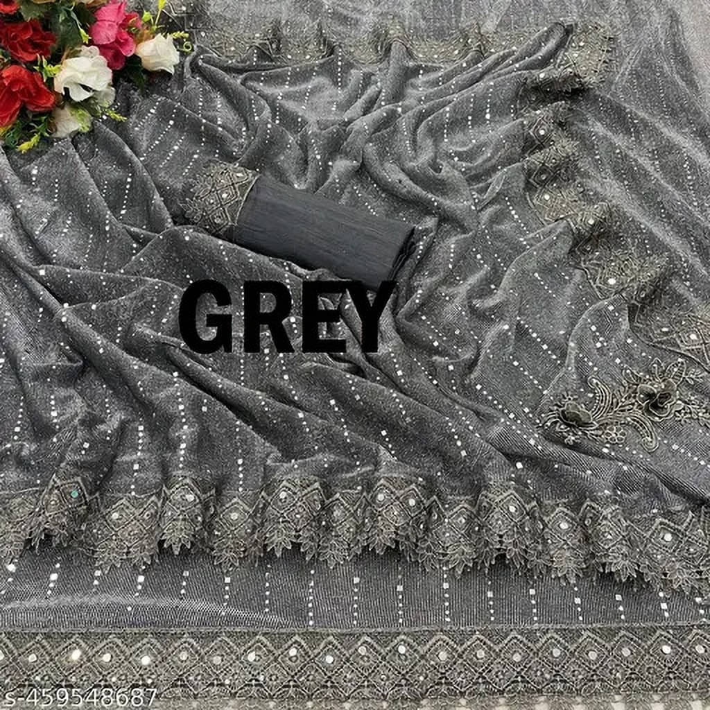 VRAGI Lycra Embellished Regular Saree With Unstitched Blouse Piece ( Grey ) VRAGI Lycra Embellished Regular Saree With Unstitched Blouse Piece ( Grey )