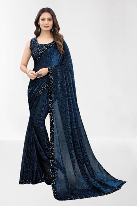 VRAGI Lycra Embellished Regular Saree With Unstitched Blouse Piece ( Blue ) VRAGI Lycra Embellished Regular Saree With Unstitched Blouse Piece ( Blue )
