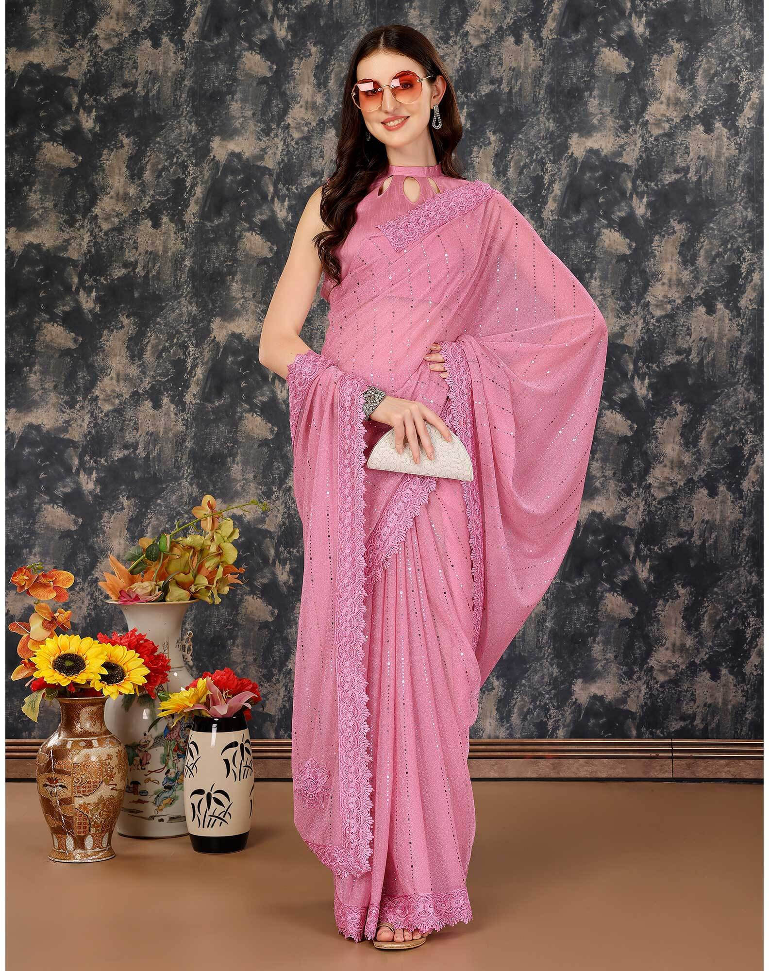 VRAGI Lycra Embellished Regular Saree With Unstitched Blouse Piece ( Pink ) VRAGI Lycra Embellished Regular Saree With Unstitched Blouse Piece ( Pink )