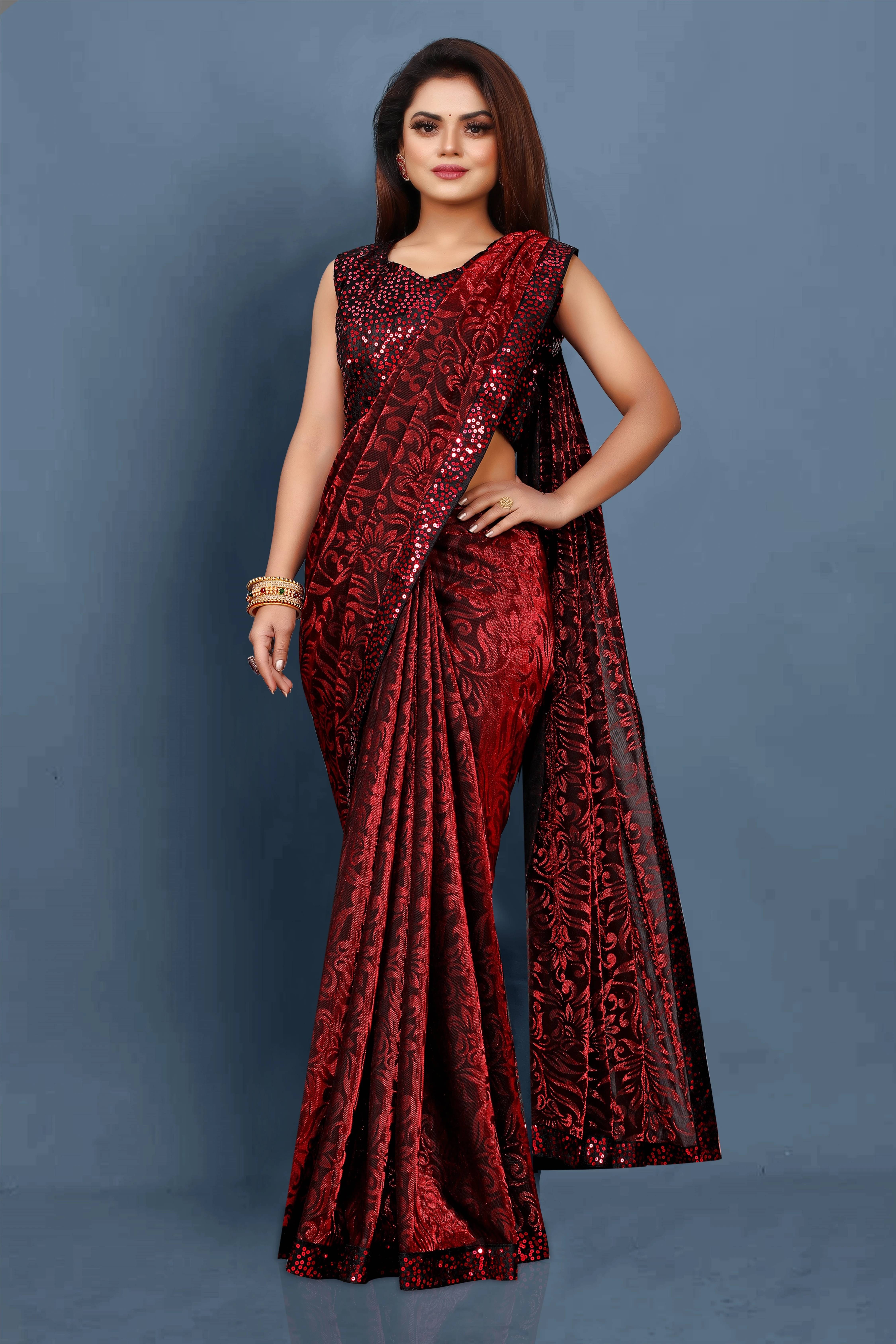 VRAGI Lycra Embellished Regular Saree With Unstitched Blouse Piece ( Maroon ) VRAGI Lycra Embellished Regular Saree With Unstitched Blouse Piece ( Maroon )