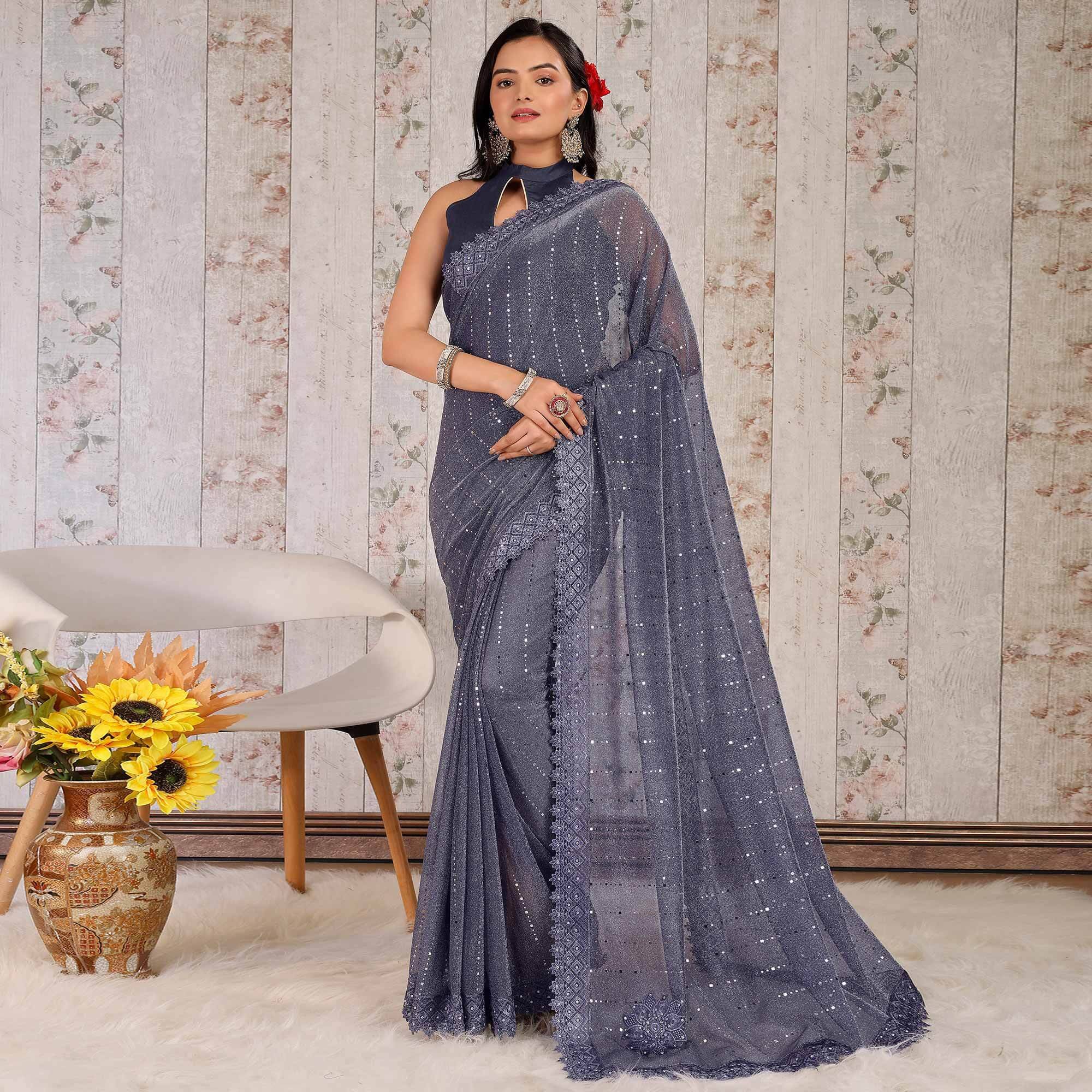 VRAGI Lycra Embellished Regular Saree With Unstitched Blouse Piece ( Navy Blue ) VRAGI Lycra Embellished Regular Saree With Unstitched Blouse Piece ( Navy Blue )