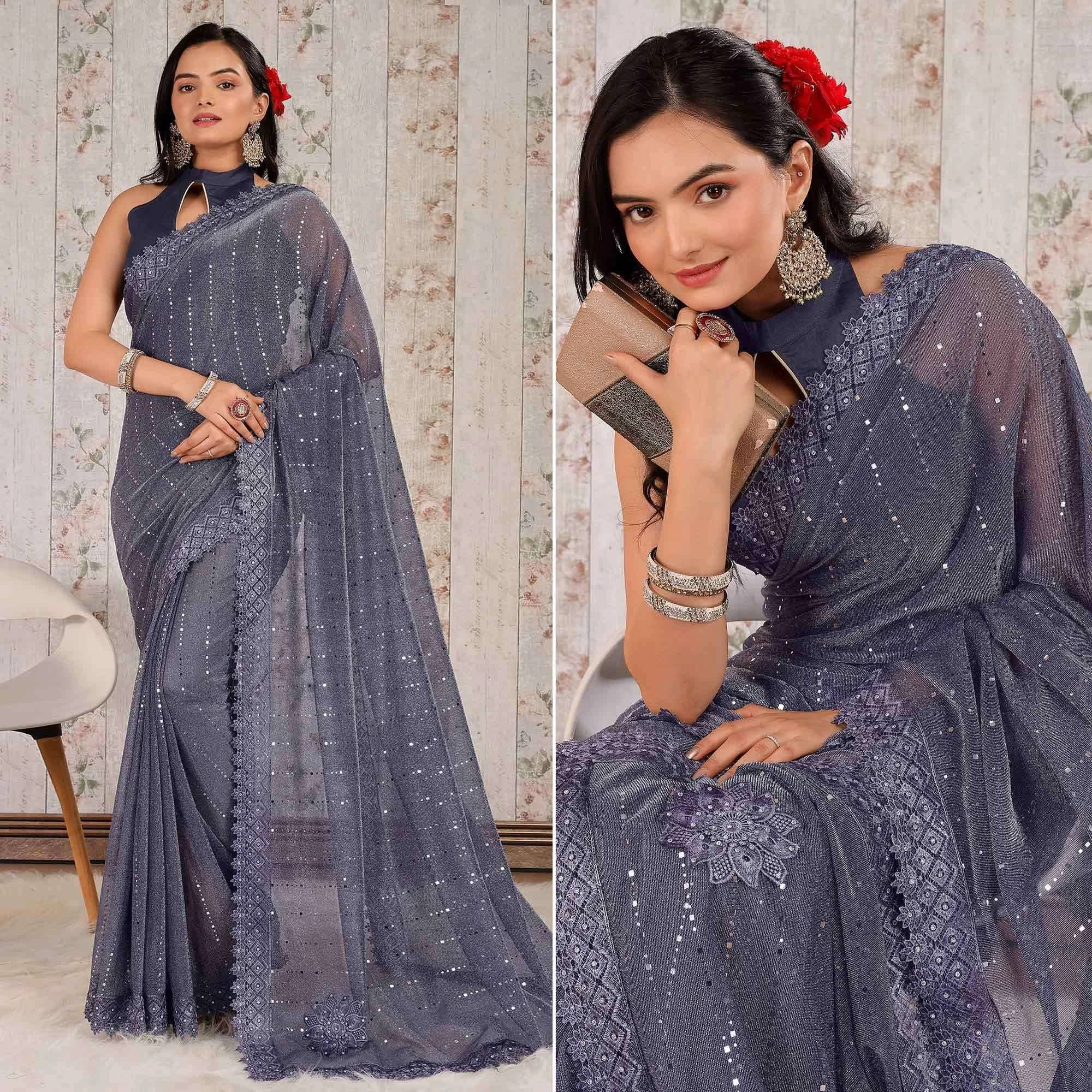     			VRAGI Lycra Embellished Regular Saree With Unstitched Blouse Piece ( Grey )