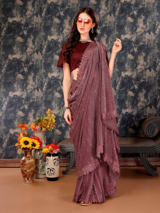VRAGI Lycra Embellished Regular Saree With Unstitched Blouse Piece ( Maroon ) VRAGI Lycra Embellished Regular Saree With Unstitched Blouse Piece ( Maroon )