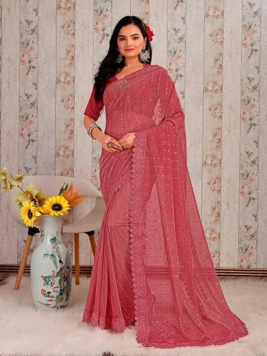 VRAGI Lycra Embellished Regular Saree With Unstitched Blouse Piece ( Pink ) VRAGI Lycra Embellished Regular Saree With Unstitched Blouse Piece ( Pink )