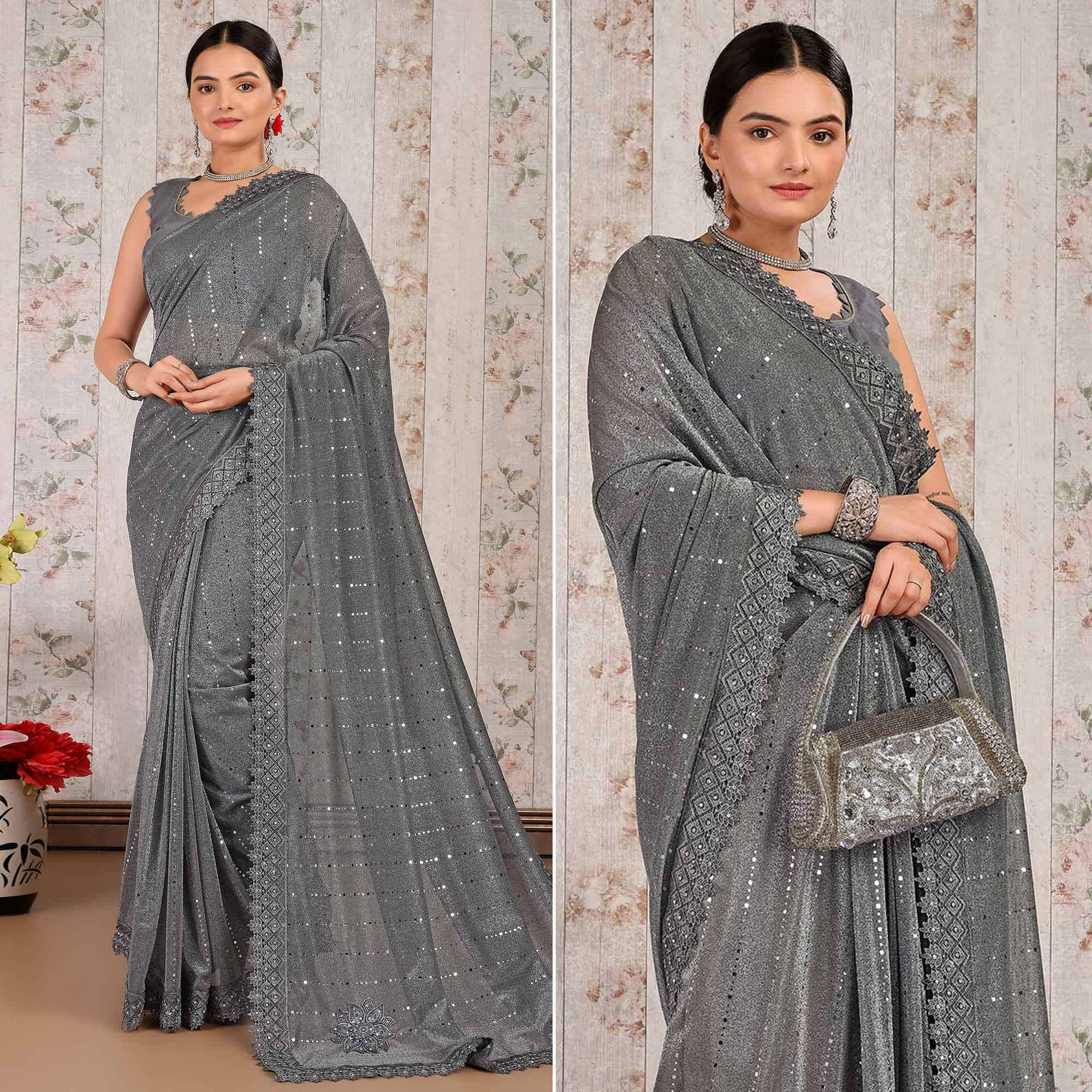     			VRAGI Lycra Embellished Regular Saree With Unstitched Blouse Piece ( Grey )